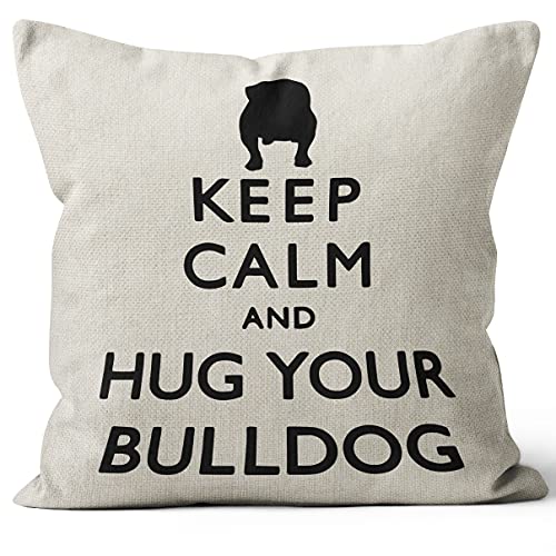 M-Qizi Kissenbezug mit Aufschrift "Keep Calm and Hug Your Bulldog", Geschenk für Hundeliebhaber, Bulldoggen-Liebhaber, lustige Bulldoggen-Dekoration, 45.7 x 45.7 cm, Hunde-Themen-Raumdekoration von M-Qizi