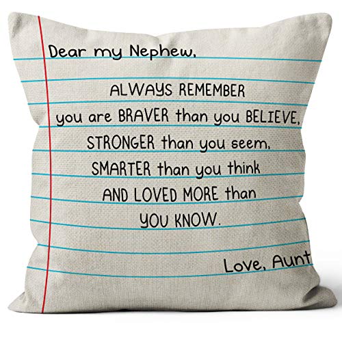 Nephew You Are Braver Than Believe Wurfkissenbezug 45,7 x cm, Neffe Geschenke von Tante, Neffen Geburtstag Geschenke, Abschlussgeschenk, Begriff Begin Geschenk, Leinen-Kissenbezug für Sofa Couch Bett von M-Qizi