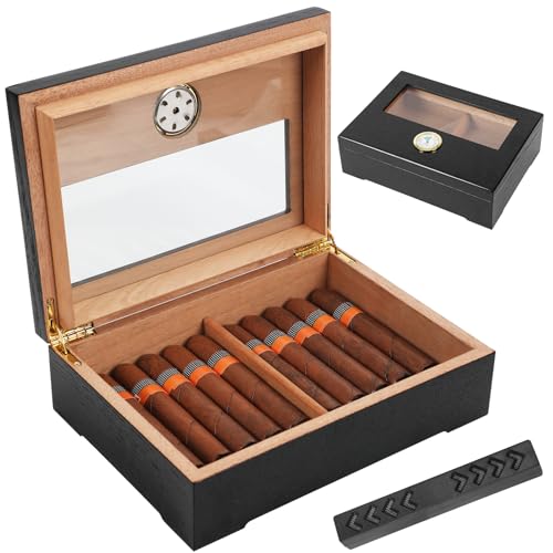 Zigarrenkiste, Zigarrenhumidor, klassisch Zigarrenkiste, spanisches Zedernholz, mit Zigarrenbefeuchtungsstab und Hygrometer, Geburtstags- und Herrengeschenk, Zigarrenzubehör (20-50 Zigarren) (Schwarz) von M TIME C CLUB