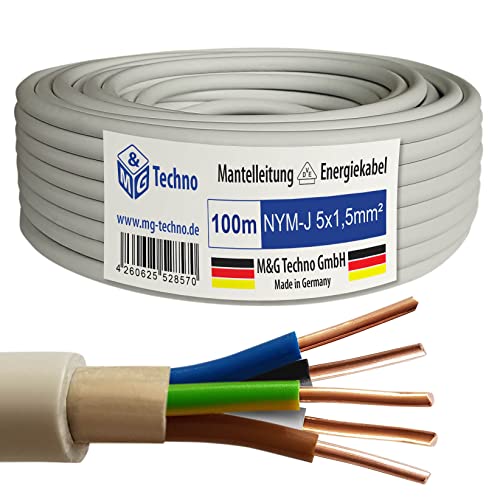 M&G Techno 100m NYM-J 5x1,5 mm² Mantelleitung Feuchtraumkabel Elektrokabel Kupfer Made in Germany von M&G Techno