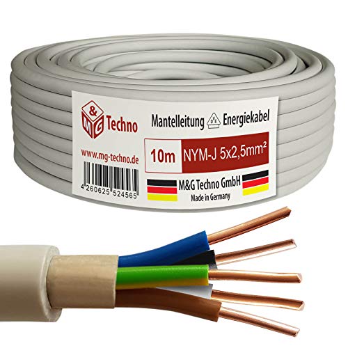 M&G Techno 10m NYM-J 5x2,5 mmІ Mantelleitung Feuchtraumkabel Elektrokabel Kupfer Made in Germany von M&G Techno