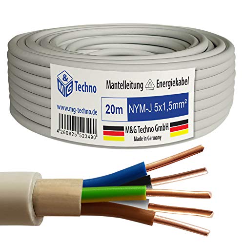 M&G Techno 20m NYM-J 5x1,5 mm² Mantelleitung Elektro Strom Kabel Kupfer eindrähtig Made in Germany, Grau, 10315 von M&G Techno