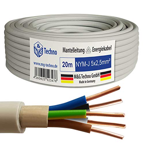 M&G Techno 20m NYM-J 5x2,5 mm² Mantelleitung Elektro Strom Kabel Kupfer eindrähtig Made in Germany, Grau, 10610 von M&G Techno