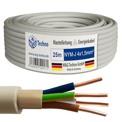 M&G Techno 25m NYM-J 4x1,5 mm² Mantelleitung Feuchtraumkabel Elektrokabel Kupfer Made in Germany von M&G Techno
