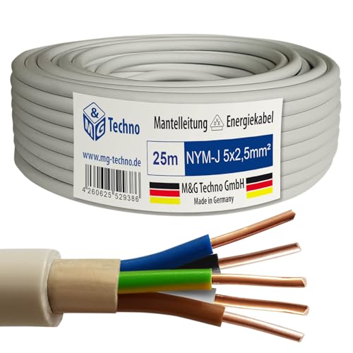 M&G Techno 25m NYM-J 5x2,5 mm² Mantelleitung Feuchtraumkabel Elektrokabel Kupfer Made in Germany von M&G Techno