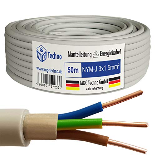 M&G Techno Mantelleitung Elektro Strom Kabel Kupfer eindrähtig, 7343, Grau, NYM-J 3x1,5 mm²-50m von M&G Techno