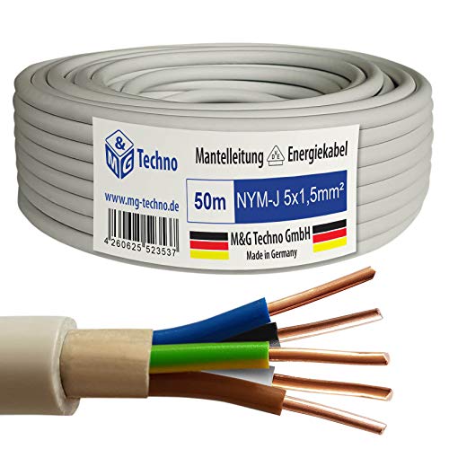 M&G Techno 50m NYM-J 5x1,5 mm² Mantelleitung Elektro Strom Kabel Kupfer eindrähtig Made in Germany, 10620, Grau von M&G Techno