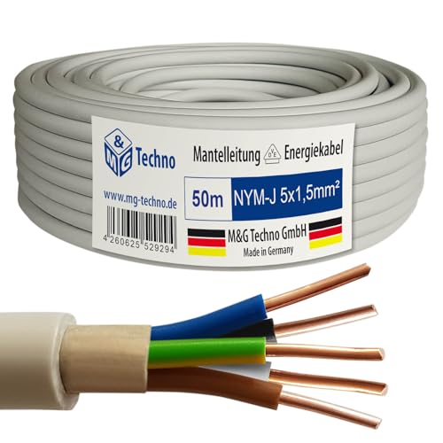 M&G Techno 50m NYM-J 5x1,5 mm² Mantelleitung Feuchtraumkabel Elektrokabel Kupfer Made in Germany von M&G Techno