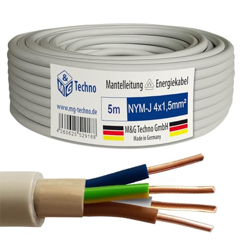 M&G Techno 5m NYM-J 4x1,5 mm² Mantelleitung Feuchtraumkabel Elektrokabel Kupfer Made in Germany von M&G Techno
