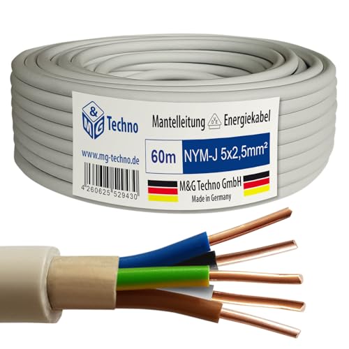 M&G Techno 60m NYM-J 5x2,5 mm² Mantelleitung Feuchtraumkabel Elektrokabel Kupfer Made in Germany von M&G Techno
