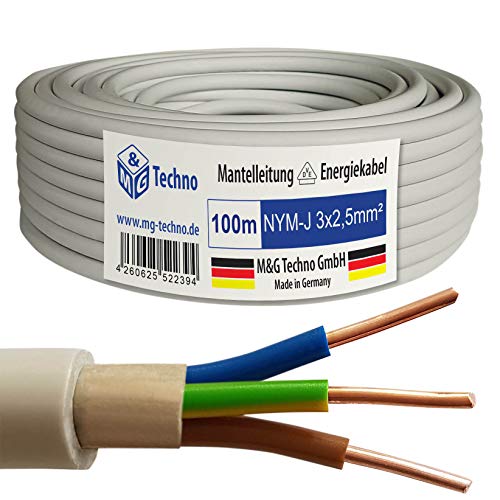 M&G Techno Mantelleitung Elektro Strom Kabel Kupfer eindrähtig Made in Germany, 7346, Grau, NYM-J 3 x 2,5 mm²-100m von M&G Techno