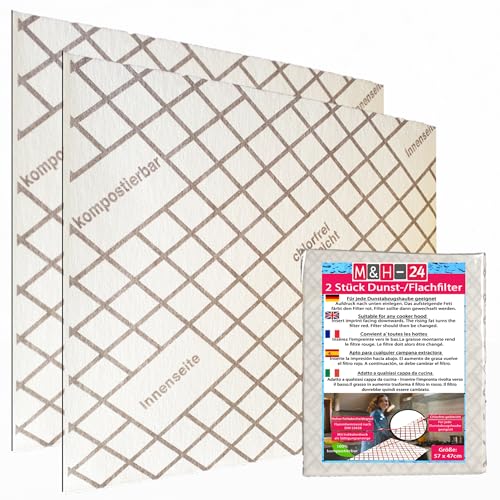 M&H-24 Dunstabzugshaube Flachfilter Universal Zuschneidbar mit Sättigungsanzeige - 2 Stück Dunstabzug-Filter für Abzugshaube mit Starker Filterleistung 100% Kompostierbar 57x47cm und 1mm Flach von M&H-24