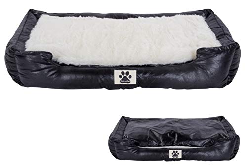 DeluxePet 'Schlummer' Hundebett schwarz 120x80 aus Kunstleder mit 2in1 Wendekissen, Hundekissen für große Hunde mit einer Fell und Leder Seite, Seiten weich gepolstert, Anti-Rutsch Rückseite von M&L Handel