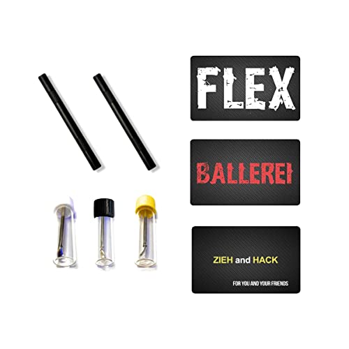Baller Fläschchen mit Teleskoplöffel aus "BALLEREI" „FLEX“ „MR. PLOW“ „ZIEH & HACK“ „ZIEH ES DURCH“ „LET IT SNOW“ Karte & schwarzes Röhrchen aus Aluminium für Schnupftabak Portionierer (Set12) von M&M Smartek