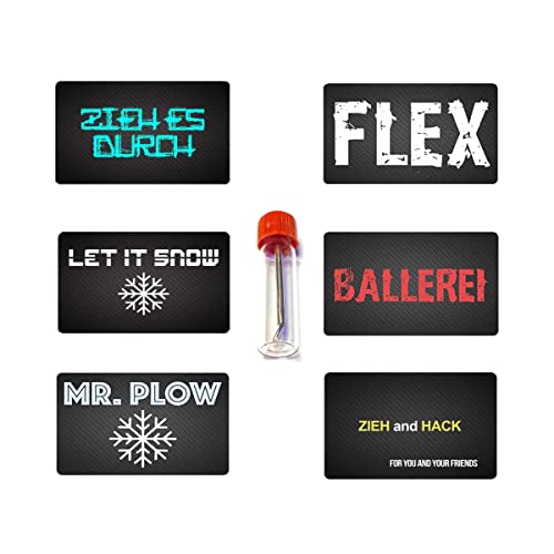 Baller Fläschchen mit Teleskoplöffel aus "BALLEREI" „FLEX“ „MR. PLOW“ „ZIEH & HACK“ „ZIEH ES DURCH“ „LET IT SNOW“ Karte & schwarzes Röhrchen aus Aluminium für Schnupftabak Portionierer (Set17) von M&M Smartek
