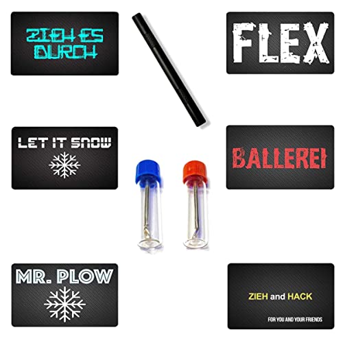 Baller Fläschchen mit Teleskoplöffel aus "BALLEREI" „FLEX“ „MR. PLOW“ „ZIEH & HACK“ „ZIEH ES DURCH“ „LET IT SNOW“ Karte & schwarzes Röhrchen aus Aluminium für Schnupftabak Portionierer (Set2) von M&M Smartek