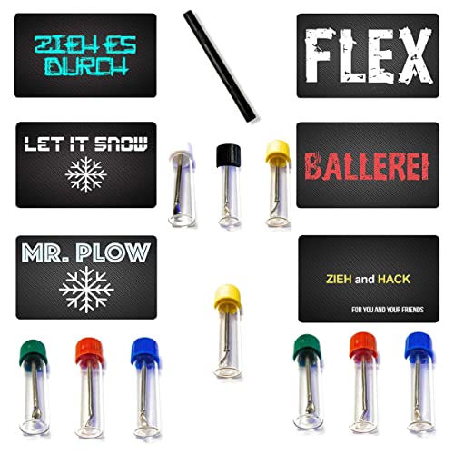 Baller Fläschchen mit Teleskoplöffel aus "BALLEREI" „FLEX“ „MR. PLOW“ „ZIEH & HACK“ „ZIEH ES DURCH“ „LET IT SNOW“ Karte & schwarzes Röhrchen aus Aluminium für Schnupftabak Portionierer (Set8) von M&M Smartek