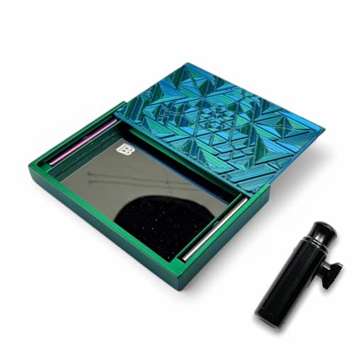 Ballerbox XL inkl. integriertem Spiegel, Röhrchen und Hack-Karten Plus Dosierer für Schnupftabak (Everlasting Fractals Blau/Grün) von M&M Smartek