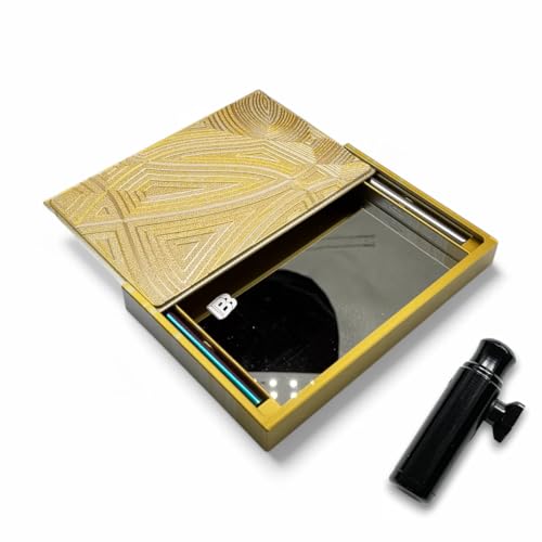Ballerbox XL inkl. integriertem Spiegel, Röhrchen und Hack-Karten Plus Dosierer für Schnupftabak (Waves of Thought Gold/Silber) von M&M Smartek