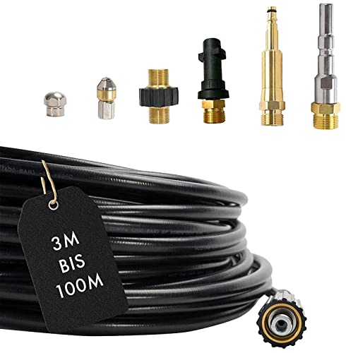 M&M Smartek – 7-teiliger Rohrreinigungsschlauch (3 – 100m) für Kärcher, Nilfisk Hochdruckreiniger AG M22 x 1,5 IG & Bajonett & KEW Adapter & 2x rotierende Düsen & Quick Connect (100 Meter) von M&M Smartek