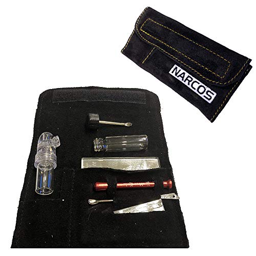 7 teiliges Schnupf Set für Schnupftabak Narcos Etui mit Spiegel, 2X Dosierer, Stäbchen, Zieh-Röhrchen für Schnupftabak (Schwarz) von M&M Smartek