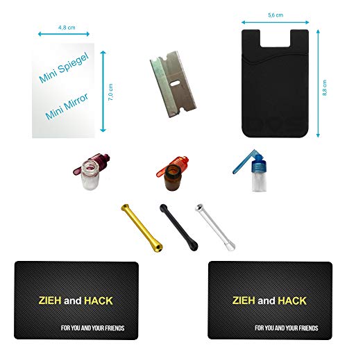 M&M Smartek Set TO GO beinhaltet kleinen Spiegel, Rasierklinge, Kartenhalter, 3x Dosierer mit ausklappbarem/ausziehbarem Löffel (bunt), 3x Ziehröhrchen (bunt), 2x Zieh & Hack Karte für Schnupftabak von M&M Smartek