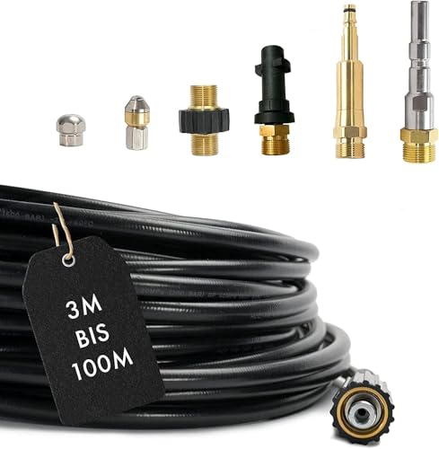 M&M Smartek – 7-teiliger Rohrreinigungsschlauch (3 – 100m) für Kärcher, Nilfisk Hochdruckreiniger AG M22 x 1,5 IG & Bajonett & KEW Adapter & 2x rotierende Düsen & Quick Connect (25 Meter) von M&M Smartek