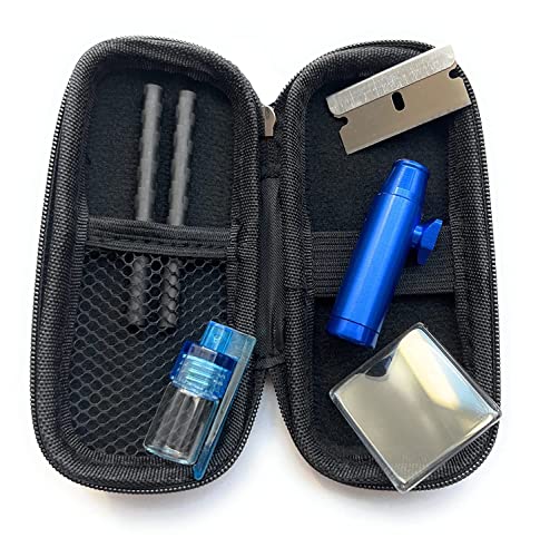 Vorratsbehälter Case mit 2x Carbon Röhrchen, kleiner Spender mit Löffel, Doserer, Mini Spiegel, Klinge für Schnupftabak (Blau) von M&M Smartek