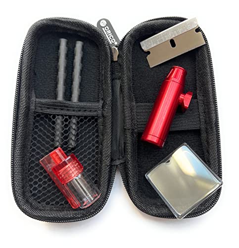 Vorratsbehälter Case mit 2x Carbon Röhrchen, kleiner Spender mit Löffel, Doserer, Mini Spiegel, Klinge für Schnupftabak (Rot) von M&M Smartek