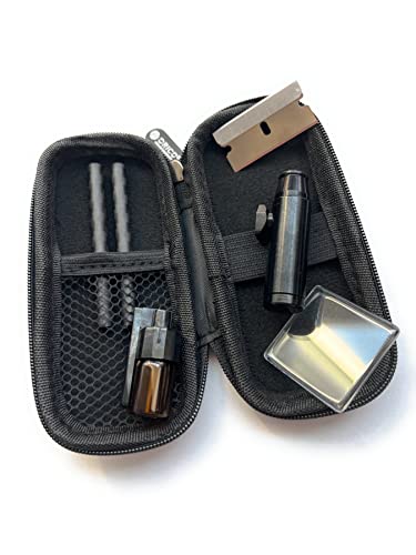 Vorratsbehälter Case mit 2x Carbon Röhrchen, kleiner Spender mit Löffel, Doserer, Mini Spiegel, Klinge für Schnupftabak (Schwarz) von M&M Smartek