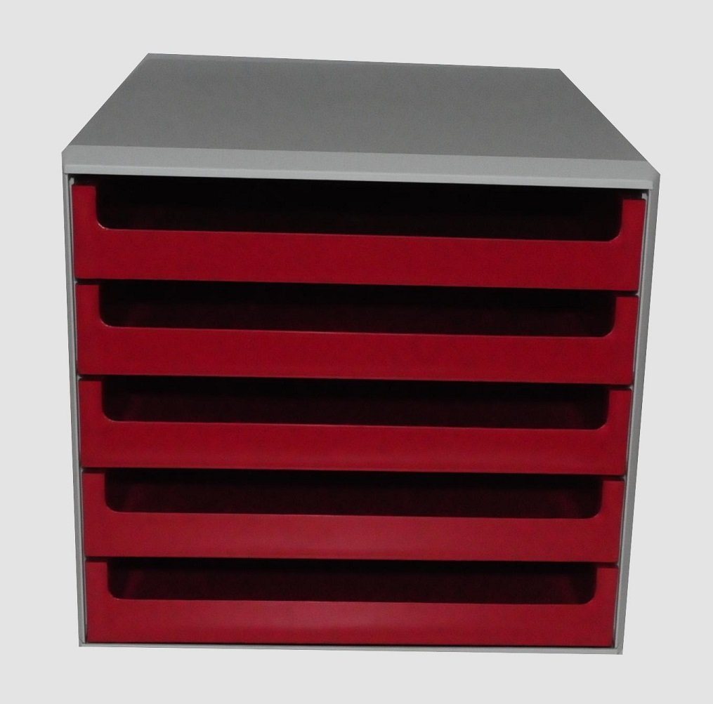 M&M Schubladenbox 1 Schubladenbox mit 5 offene Schubfächer 28,5x26x35,7cm lichtgrau/rot, Auszugssperre, Stapelbar, Schübe einzeln herausnehmbar von M&M