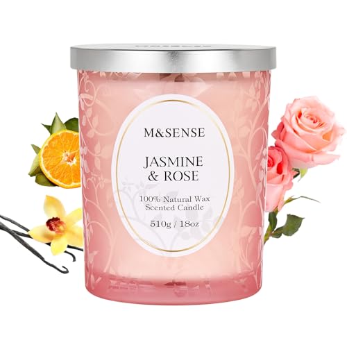 M&SENSE Duftkerze Jasmin Rose, Duftkerzen im Glas Groß 510g, 100h Lang Brennende, Holzdocht Kerzen, Sojawachs Kerzen mit Duft, Knisternder Docht Kerze für Schlaf, Meditation & Stressabbau von M&SENSE