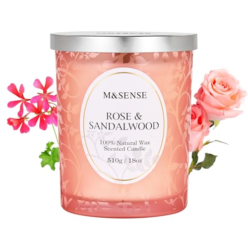 M&SENSE Duftkerze Rose Sandelholz, Duftkerzen im Glas Groß 510g, 100h Lang Brennende, Holzdocht Kerzen, Sojawachs Kerzen mit Duft, Knisternder Docht Kerze für Schlaf, Meditation & Stressabbau von M&SENSE