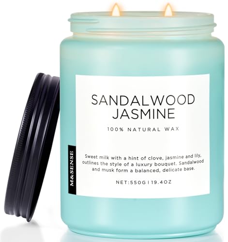 M&SENSE SandalwoodJasmin Duftkerze im Glas 550g 2 Baumwolldochte dekorative Kerze für Zuhause, Geschenk zur Entspannung 110 Stunden Brenndauer, saubere ungiftige Kerze natürliche Sojawachskerze M&SENSE SandalwoodJasmin Duftkerze im Glas 550g 2 Baumwolldochte dekorative Kerze für Zuhause, Geschenk zur Entspannung 110 Stunden Brenndauer, saubere ungiftige Kerze natürliche Sojawachskerze von M&SENSE