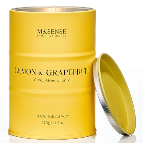 M&SENSE Zitronen Grapefruit Duftkerzen im Glas Natürliche Sojakerzen 320g 70 Std. langsame Verbrennung Stark duftende Zitronen Zitruskerzen fürs Badezimmer Frisch duftende von M&SENSE
