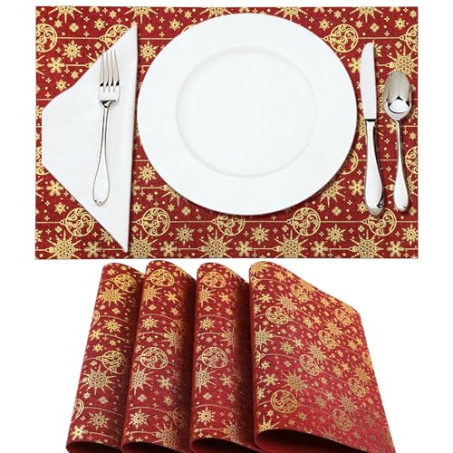 M&W DAS DESIGN 4er-Set Weihnachts-Tischsets – 30 x 45 cm, Rot mit goldenen Weihnachtskugel-Motiven, wasserabweisend und leicht abwischbar – Perfekte Tischdekoration für die Weihnachtszeit von M&W DAS DESIGN