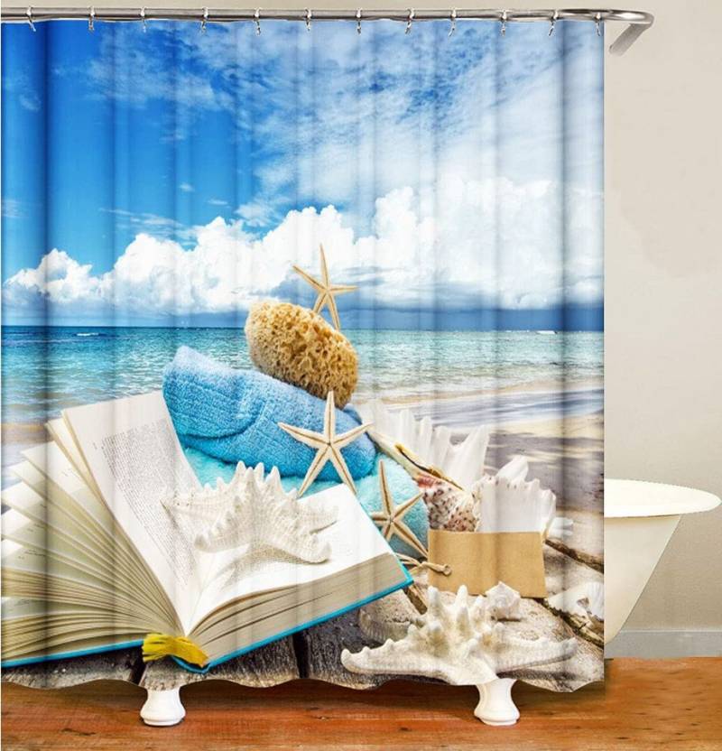 M&W DAS DESIGN Duschvorhang 180x200 Shower curtains Anti schimmel Waschbar Meer Strand und Bücher von M&W DAS DESIGN