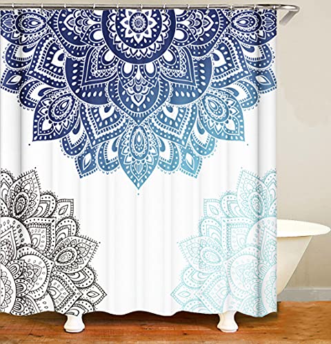 M&W DAS DESIGN Duschvorhang Boho Farbeverlauf Mandala blau grau blassblau Textil Vorhang Antischimmel Effekt waschbar 12 C-Ringe Gewicht unten von M&W DAS DESIGN