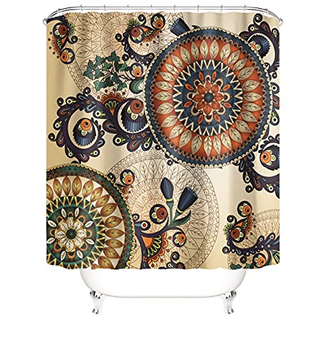 M&W DAS DESIGN Duschvorhang Mandala Retro Orientalisch Pflanzen Boho Textil Blumen Vorhang Schimmelresistent beige Blätter Kreise Flora Farbfest inkl. 12 C-Ringe Gewicht unten von M&W DAS DESIGN