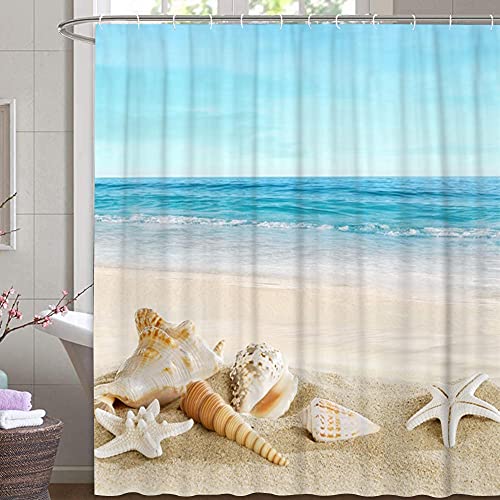 M&W DAS DESIGN Duschvorhang Meer Küste Pastell Strand Ozean Muscheln Seestern Textil Himmel Vorhang Schimmelresistent Beach Resort blau türkis Welle Relax inkl. 12 C-Ringe Gewicht unten 180x200(BxH) von M&W DAS DESIGN