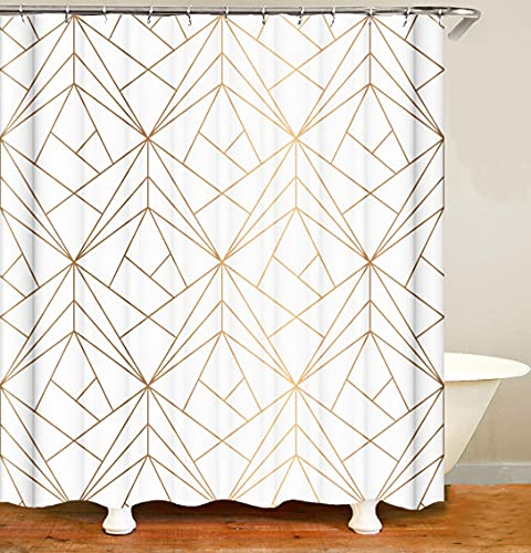 M&W DAS DESIGN Duschvorhang Gold Linie gelb Dreiecke Badezimmer Textil Vorhang Antischimmel Effekt waschbar Shower Curtain 12 C-Ringe Gewicht unten von M&W DAS DESIGN