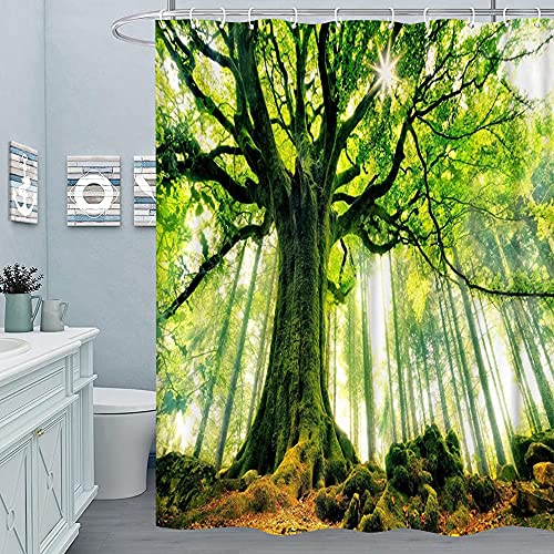 M&W DAS DESIGN Duschvorhang Wald Pflanzen Baum Textil Baum-Zweig grün Natur Ruhe sonnig Frieden Vorhang Schimmelresistent Blätter Landschaft Farbfest inkl. 12 C-Ringe Gewicht unten von M&W DAS DESIGN