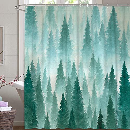 M&W DAS DESIGN Duschvorhang Wald im Nebel Baum Textil mystisch grün blaugrün Natur Ruhe Bergen Landschaft Vorhang Schimmelresistent Farbfest inkl. 12 C-Ringe Gewicht unten 180x200cm(BxH) von M&W DAS DESIGN