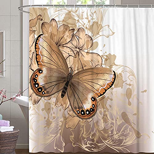 M&W DAS DESIGN Duschvorhang golden Schmettling Pflanzen Flora Textil Blumen Butterfly Schimmelresistent Farbefest inkl. 12 C-Ringe Gewicht unten 180x200 (BxH) cm von M&W DAS DESIGN