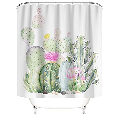 M&W DAS DESIGN Duschvorhang grün Kaktus pink Blumen Malerei Pflanzen Textil Vorhang Schimmel Resistent Stoff waschbar Mexikanisch tropisch Shower Curtain inkl. 12 C-Ringe Gewicht unten von M&W DAS DESIGN