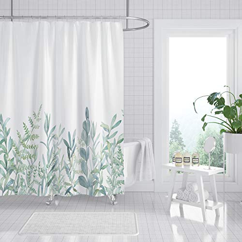 M&W DAS DESIGN Duschvorhang grüne Pflanzen Badezimmer Blätter Textil Vorhang mit Antischimmel Effekt waschbar Blumen Shower Curtain badewanne inkl. 12 C-Ringe mit Gewicht unten 200x220cm(BxH) von M&W DAS DESIGN