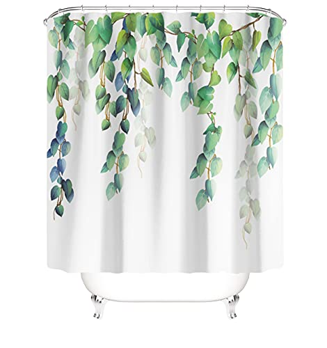 M&W DAS DESIGN Duschvorhang grüne Pflanzen Badezimmer Textil Vorhang Schimmel Resistent Stoff waschbar blau Blätter Oben Polyester Shower Curtain inkl. 12 C-Ringe Gewicht unten von M&W DAS DESIGN