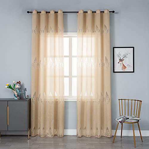 M&W DAS DESIGN Gardinenschal Blätter Jacquard Store Gardinen halbtransparent Stoff Voile Dekoschal lichtdurchlässig Fensterschal Ösenschal weich (beige 140 * 245(B*H) 2 STK) von M&W DAS DESIGN