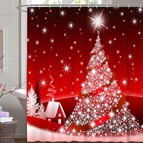 M&W DAS DESIGN Weihnachten Duschvorhang Schnee Haus Textil rot Vorhang weiß Weihnachtsbaum Schimmelresistent Weihnachtsdeko Stern Farbefest inkl. 12 C-Ringe Gewicht unten 180x200cm(BxH) von M&W DAS DESIGN