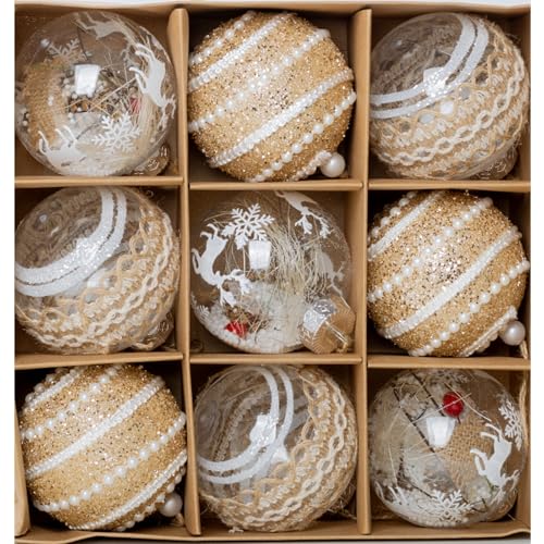 M&W DasDesign 9er Set Weihnachtsbaumkugeln mit 3 verschiedenen Designs, 8cm, Kunststoff Christbaumkugel Baumkugel Glas, weiß, Goldglanz mit funkelnden Akzenten und einzigartigen Designs von M&W DAS DESIGN